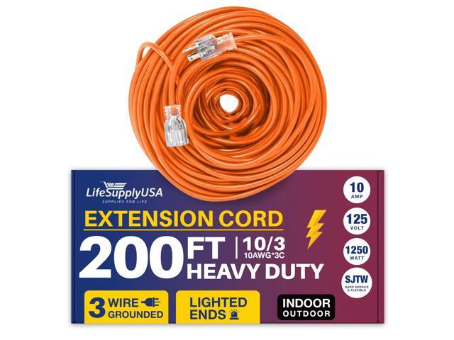 200FT Power Extension Cord Outdoor & Indoor - Waterproof Electric Drop Cord Cable - 3 Prong SJTW, 10 Gauge, 10 AMP, 125 Volts, 1250 Watts, 10/3 by...