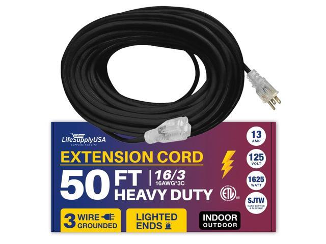 50FT Power Extension Cord Outdoor & Indoor - Waterproof Electric Drop Cord Cable - 3 Prong SJTW, 16 Gauge, 13 AMP, 125 Volts, 1625 Watts, 16/3 -...