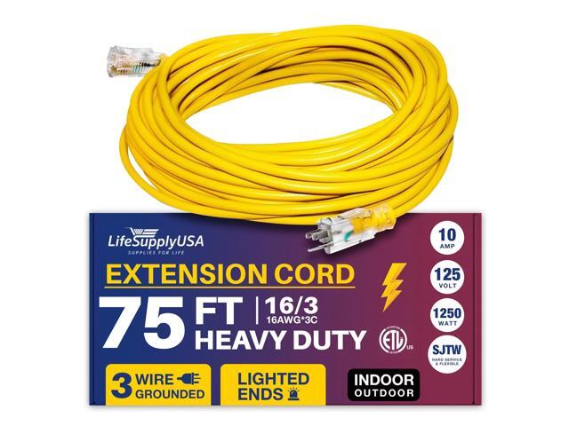 75FT Power Extension Cord Outdoor & Indoor - Waterproof Electric Drop Cord Cable - 3 Prong SJTW, 16 Gauge, 10 AMP, 125 Volts, 1250 Watts, 16/3 -...