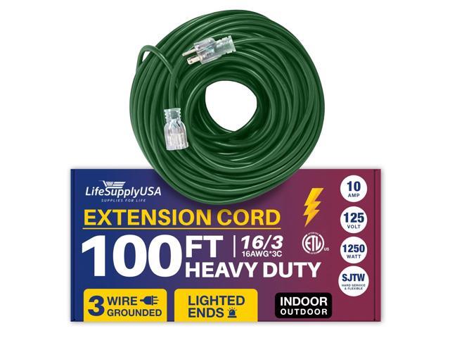 100FT Power Extension Cord Outdoor & Indoor - Waterproof Electric Drop Cord Cable - 3 Prong SJTW, 16 Gauge, 10 AMP, 125 Volts, 1250 Watts, 16/3 -...