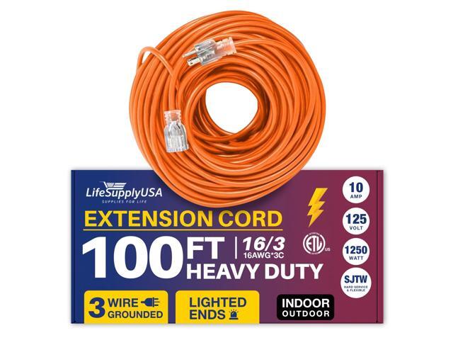 100FT Power Extension Cord Outdoor & Indoor - Waterproof Electric Drop Cord Cable - 3 Prong SJTW, 16 Gauge, 10 AMP, 125 Volts, 1250 Watts, 16/3 -...