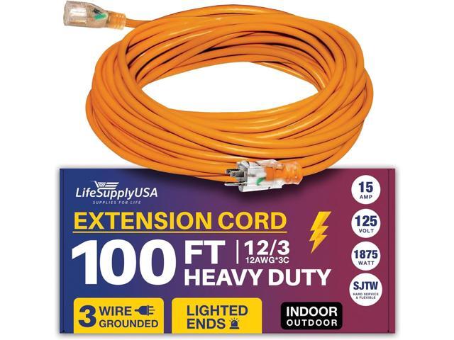 100FT Power Extension Cord Outdoor & Indoor - Waterproof Electric Drop Cord Cable - 3 Prong SJTW, 12 Gauge, 15 AMP, 125 Volts, 1875 Watts, 12/3 by...
