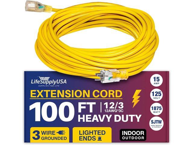 100FT Power Extension Cord Outdoor & Indoor - Waterproof Electric Drop Cord Cable - 3 Prong SJTW, 12 Gauge, 15 AMP, 125 Volts, 1875 Watts, 12/3 by...