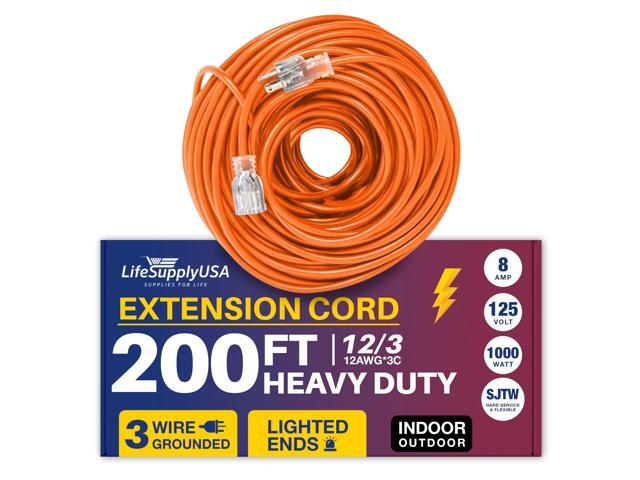 200FT Power Extension Cord Outdoor & Indoor - Waterproof Electric Drop Cord Cable - 3 Prong SJTW, 12 Gauge, 8 AMP, 125 Volts, 1000 Watts, 12/3 by...