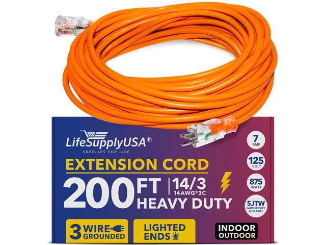 200FT Power Extension Cord Outdoor & Indoor - Waterproof Electric Drop Cord Cable - 3 Prong SJTW, 14 Gauge, 7 AMP, 125 Volts, 875 Watts, 14/3 by...