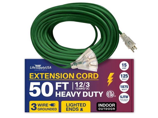 50FT Power Extension Cord Outdoor & Indoor - Waterproof Electric Drop Cord Cable - 3 Prong, 3-Outlet, SJTW, 12 Gauge, 15 AMP, 125 Volts, 1875...