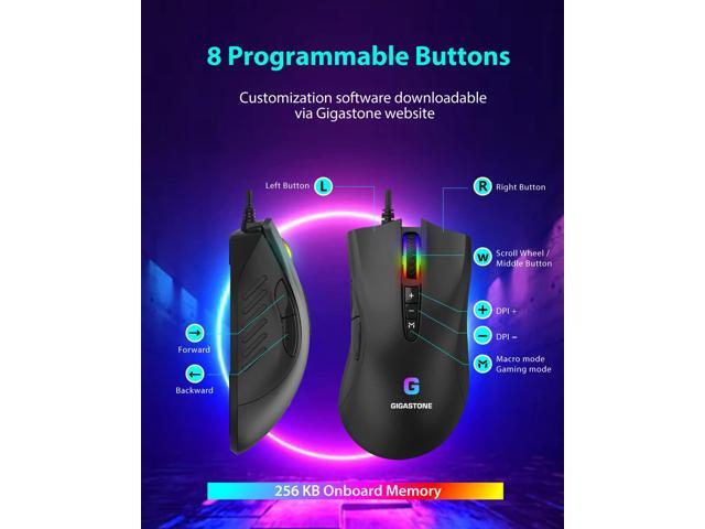 Gigastone Gaming Mouse Up to 3200 DPI Adjustable, Wired Gaming Mouse with Customizable RGB Backlight, 8 Programmable Buttons, 256KB Onboard Memory,...
