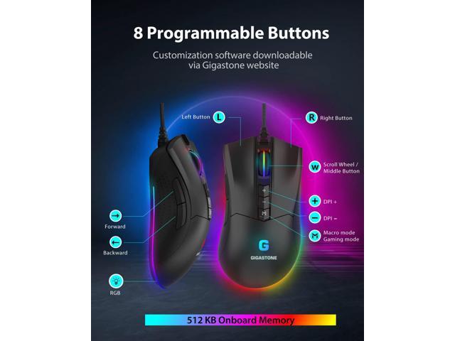Gigastone Gaming Mouse Up to 12,000 DPI Adjustable, Wired Gaming Mouse with Customizable RGB Backlight, 8 Programmable Buttons, 512KB Onboard...