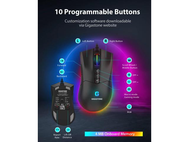 Gigastone Gaming Mouse PMW3389 Sensor Up to 16,000 DPI Adjustable, Wired Gaming Mouse with Customizable RGB Backlight, 10 Programmable Buttons, 4MB...