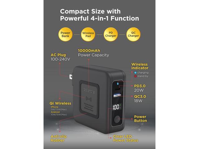 Gigastone 4-in-1 10000mAh Qi Wireless Portable Charger 24W Wireless Power Bank Black