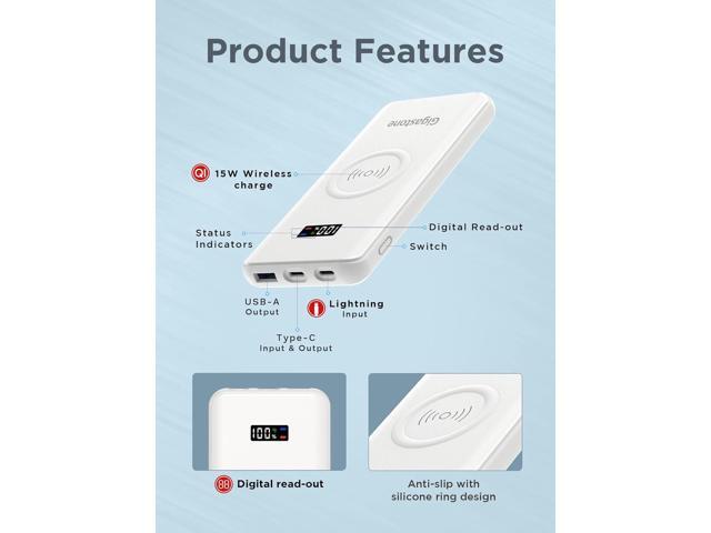 GIGASTONE 2in1 Power Bank 10000mAh Battery Pack, 20W Fast Charging with PD 3.0 USB-C, 18W QC 3.0 USB-A, 15W Qi Wireless Charger, Compatible with...