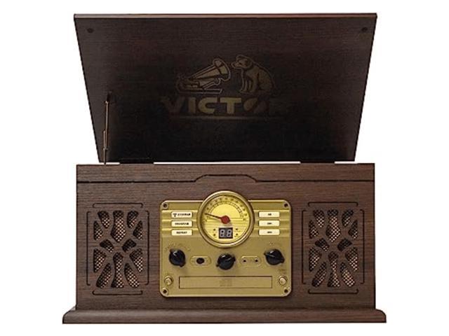 Victor State 7-in-1 Wood Music Center with 3-Speed Turntable and Dual Bluetooth Brown