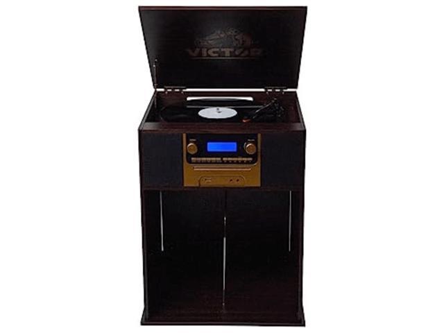 Victor Boyleston 7-in-1 3-Speed Turntable Music Center w Album Storage and USB Port Espresso