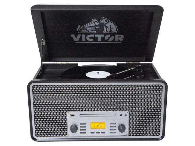 Victor Monument 8-in-1 Wood Music Center with 3-Speed Turntable & Dual Bluetooth Gray