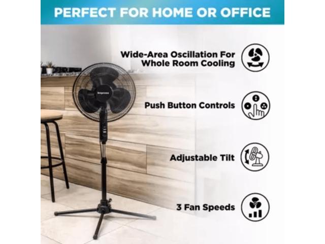Impress Easy-Assemble 3-Speed 16-Inch Stand Oscillating Pedestal Floor Fan