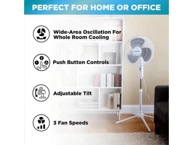 Impress Easy-Assemble 3-Speed 16-Inch Stand Oscillating Pedestal Floor Fan White