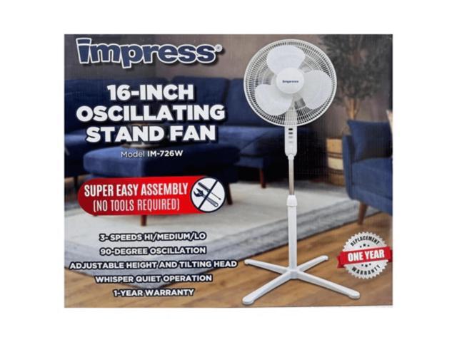 Impress Easy-Assemble 3-Speed 16-Inch Stand Oscillating Pedestal Floor Fan White