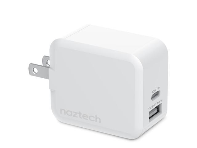 naztech 30w usb-c pd + 12w usb fast wall charger with foldable prongs [charge 2 devices at once] compatible for iphone 14/13/12/pro/pro max,...
