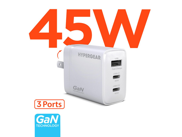 HyperGear SpeedBoost 45W USB-C PD Tri-Port GaN Fast Wall Charger with PPS