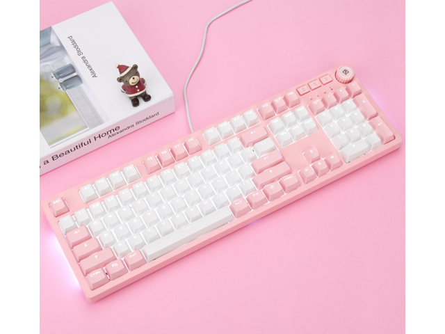 Ajazz AK515 Wired 104 Keys PBT Keycaps Blue Switch Mechanical Gaming keyboard-Pink & White