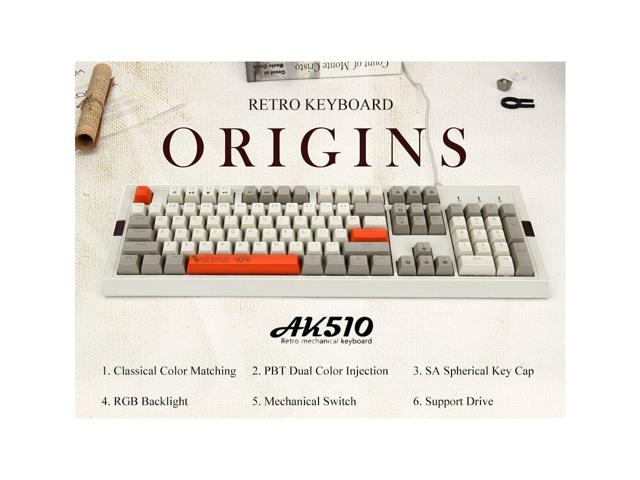 Ajazz AK510 Retro Cherry MX Red Mechanical Keyboard 104 Key PBT Ball Key Cap Grey/White(No Backlight)