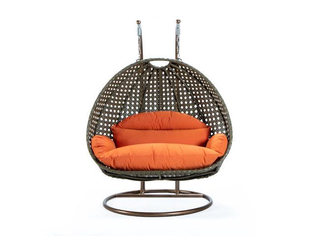 LeisureMod Beige Wicker 2 person Double Hanging Egg Swing Chair in Orange