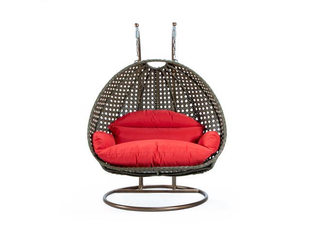 LeisureMod Beige Wicker 2 person Double Hanging Egg Swing Chair in Red