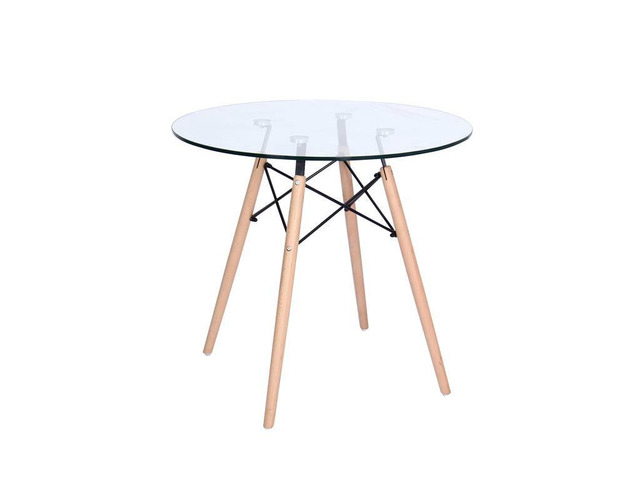 LeisureMod Dover Round Bistro Clear Glass Top Dining Table With Natural Wood Eiffel Base