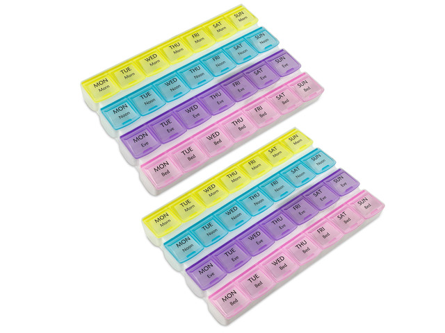 Weekly Pill Organizer - 4-Times-a-Day Pill Planner (Pack of 2) Pill Box Separates Pills & Vitamins with Daily Morning, Noon, Evening & Night...