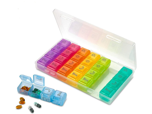 Weekly Pill Organizer - 4 Compartment Am/pm Pill Box, 7 Day Large Travel Medication Dispenser Case for Vitamins and Medicines by MEDca
