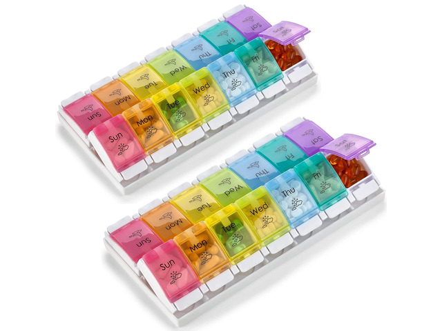 7 Day Pill Organizers - (Pack of 2) Easy Push Button Assisted Open, AM PM Daily Travel Pill Box Case Planner and Large Compartments for Medication...