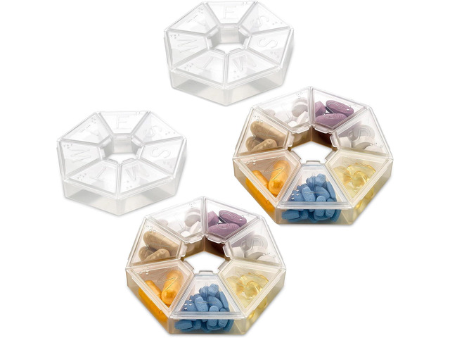 MEDca Weekly Pill Organizer Clear 7-Sided Pill Reminder, Round Shaped, Pack of 4