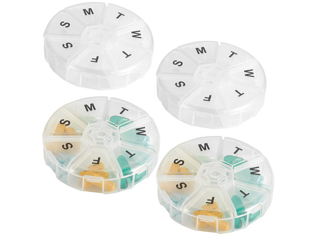 Large Weekly Pill Organizer - (Pack of 4) Daily Pill Cases, Round Pill Organizer 7 Day Container, Medicine Planner, Pill Reminder, BPA-Free for...