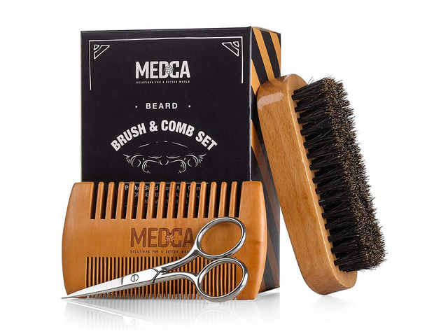 MEDca Wooden Beard Brush and Comb Set for Men, Boar Bristle Beard Brush, Beechwo