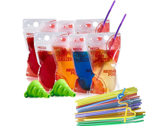 MEDca 16 oz Reusable Drink Pouches with Straws, 200 Clear Double Zipper Drink Ba