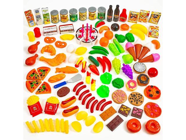 MEDca Kids Play Food Set - 130 Piece Pretend Play Food Collection - Assorted Fake Food Set Includes Fruits Vegetables Snacks Dessert Juices Canned...