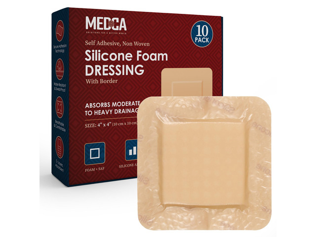 MEDca Silicone Foam Dressing w/ Adhesive Border 4'x4' (Pack of 10) Waterproof Si