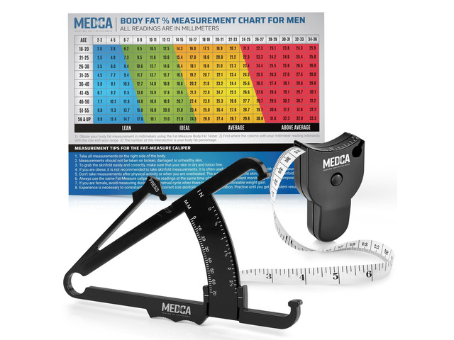 MEDca Body Fat Caliper and Measuring Tape Set, Skinfold Body Fat Measurement Tool with BMI Chart, Black