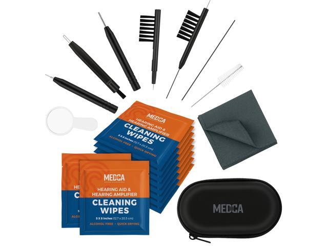 Hearing Aid Cleaning Kit - 20 Piece Tool Set with Case, 10 Hearing Aid Cleaner Wipes, and Magnifying Glass for Hearing Aids, Earbuds, Headphones,.