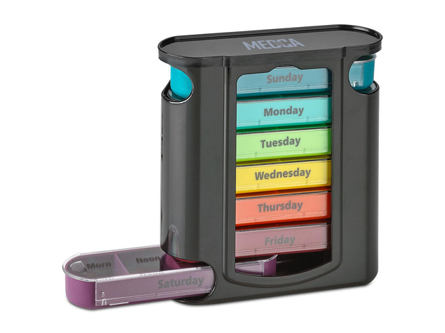 Weekly Pill Organizer with 7 Stackable Daily Compartments, 4 Times a Day, Black