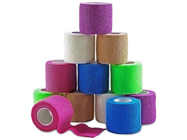 MEDca Self Adherent Cohesive Wrap Bandages 2 Inches X 5 Yards 12 Count with Strong Elastic and Colorful First Aid Tape for Sprain Swelling and...