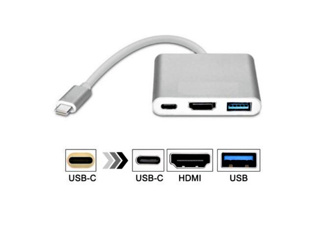 3 in 1 Type-C USB-C 3.1 To HDTV HDMI 4K HD USB 3.0 Type C Female Converter Cable Adapter-Silver