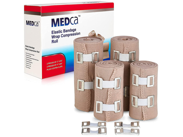 Elastic Compression Bandage Wrap - (Set of 4) with Hooks, Athletic Sport Support Tape Rolls for Ankle, Wrist, Arm, Leg Sprains Each First Aid...
