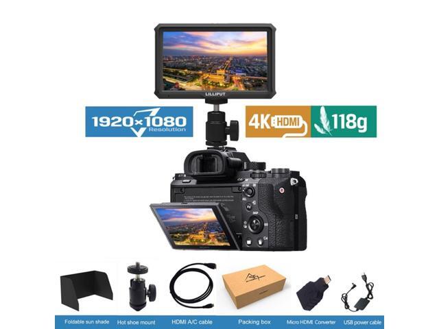 Lilliput A5 5' 1920x1200 8bit light weight 4K HDMI DSLR Camera field monitor F970/LP-E6 Plate with Sunshade