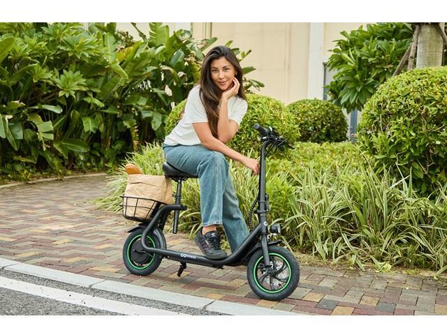 GoPowerBike GoFlow Electric Scooter with Seat Comfortable Seat, Rear Basket, and Throttle Control 16 mph Top Speed - 12 mile Range 12' Tires...