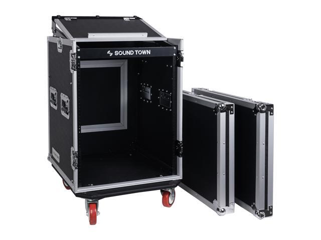 Sound Town 14U PA DJ Rack/Road Case with 11U Slant Mixer Top, 20'' Rackable Depth and Casters, 14-Space ATA Case (STMR-14UW)