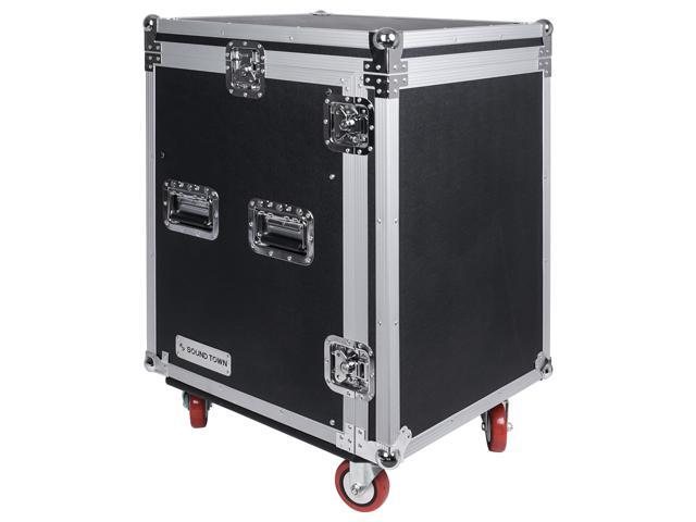 Sound Town 14U PA DJ Rack/Road Case with 11U Slant Mixer Top, 20'' Rackable Depth and Casters, 14-Space ATA Case (STMR-14UW)