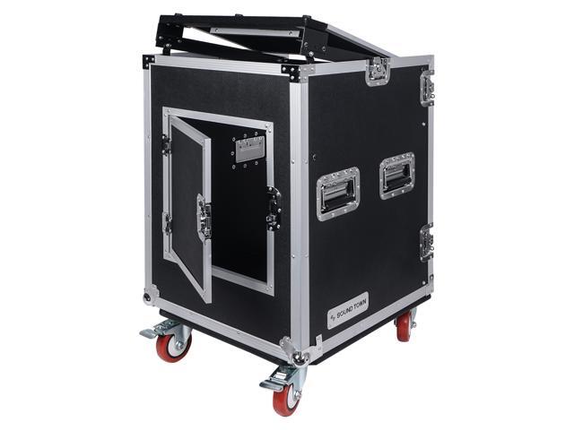 Sound Town 14U PA DJ Rack/Road Case with 11U Slant Mixer Top, 20'' Rackable Depth and Casters, 14-Space ATA Case (STMR-14UW)
