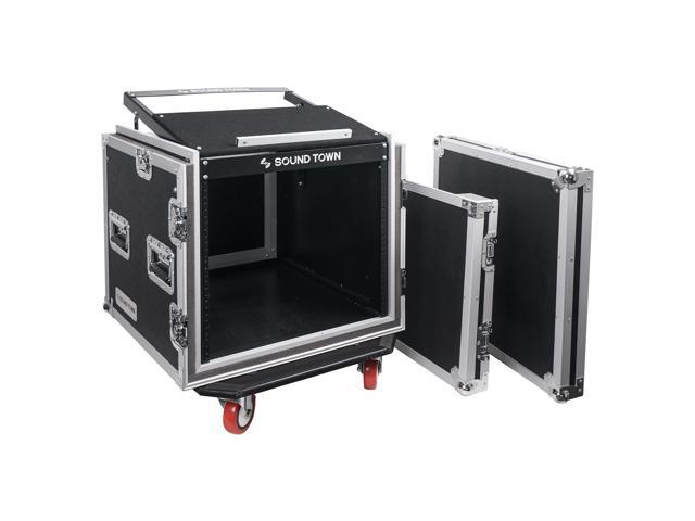 Sound Town Shock Mount 10U ATA Rack Case with 20" Rackable Depth, 11U Slant Mixer Top and Casters, 10-Space Size (STMR-SP10UW)
