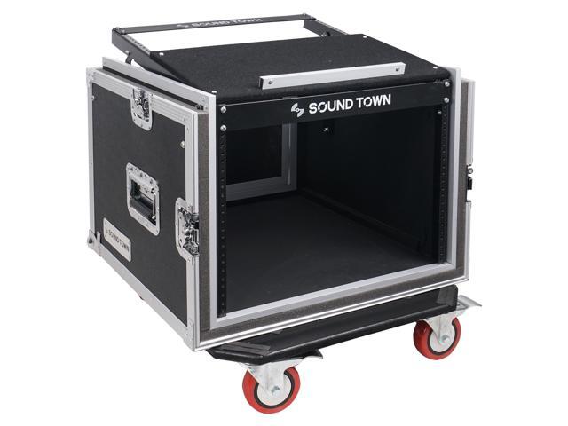 Sound Town Shock Mount 8U ATA Rack Case with 20" Rackable Depth, 11U Slant Mixer Top and Casters, 8-Space Size (STMR-SP8UW)